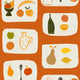A wallpaper with a tile pattern featuring various fruits and kitchenware against a orange background.