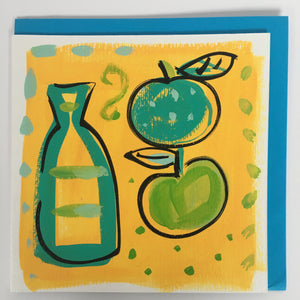 ‘ Bottle + Fruit’ Yellow  Hand Painted Greetings Card