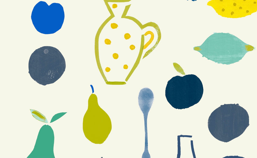Naive Fruit Motif Wallpaper - Blue Bottle