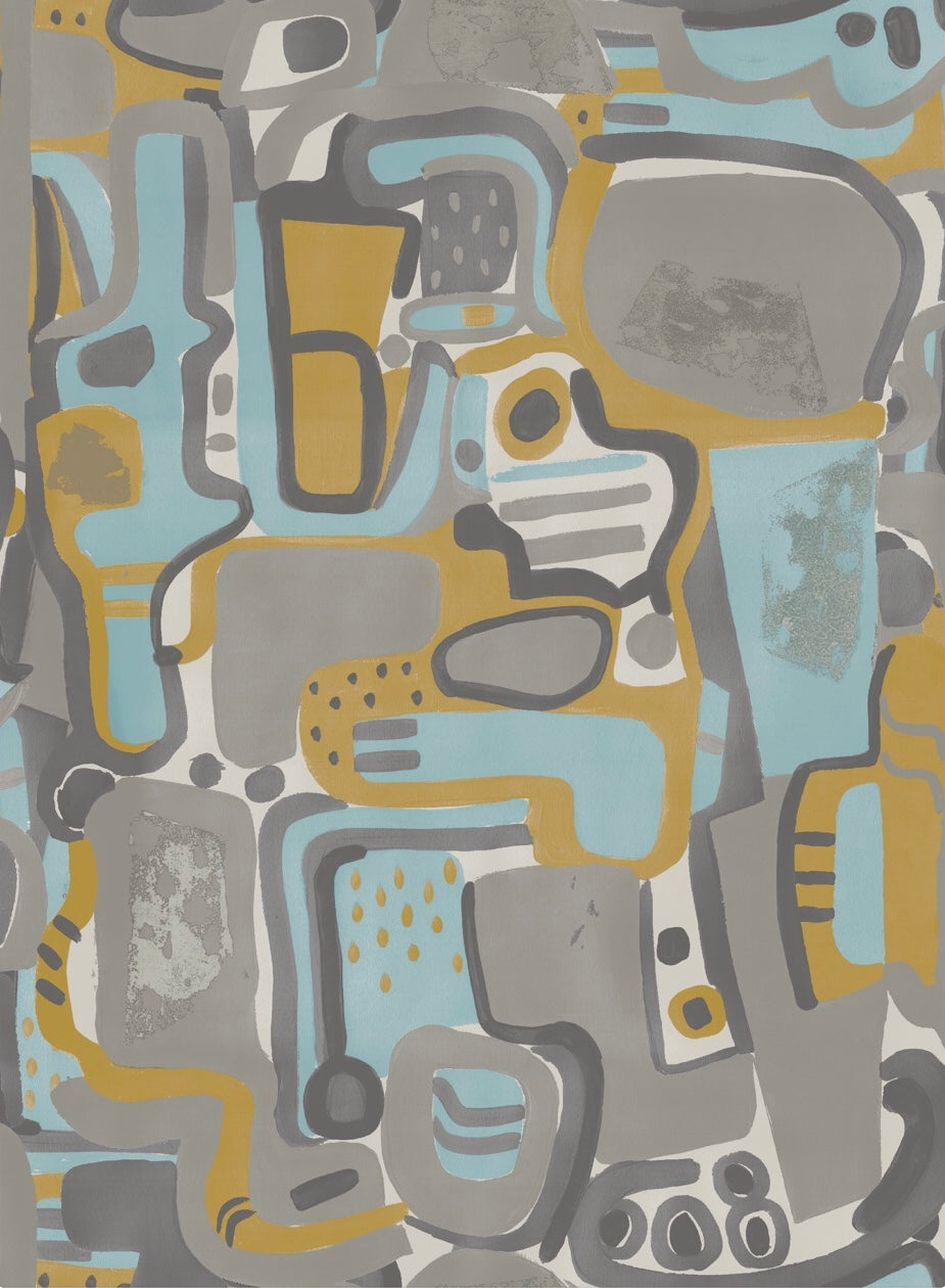 Cubist Jigsaw Wallpaper - Mustard + Blue