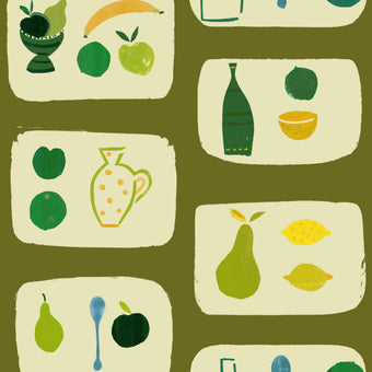 A wallpaper with a tile pattern featuring naive fruit designs such as bananas, apples, pears, and lemons, along with kitchenware like a vase and a bowl, all in an olive green color palette.