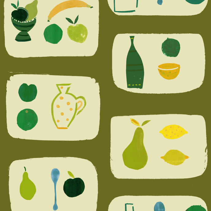 A wallpaper with a tile pattern featuring naive fruit designs such as bananas, apples, pears, and lemons, along with kitchenware like a vase and a bowl, all in an olive green color palette.