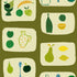 A wallpaper with a tile pattern featuring naive fruit designs such as bananas, apples, pears, and lemons, along with kitchenware like a vase and a bowl, all in an olive green color palette.