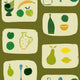 A wallpaper with a tile pattern featuring naive fruit designs such as bananas, apples, pears, and lemons, along with kitchenware like a vase and a bowl, all in an olive green color palette.