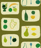 A wallpaper with a tile pattern featuring naive fruit designs such as bananas, apples, pears, and lemons, along with kitchenware like a vase and a bowl, all in an olive green color palette.