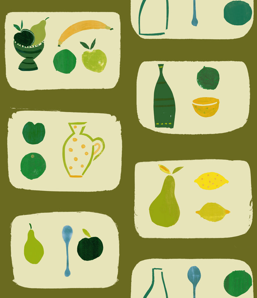 A wallpaper with a tile pattern featuring naive fruit designs such as bananas, apples, pears, and lemons, along with kitchenware like a vase and a bowl, all in an olive green color palette.