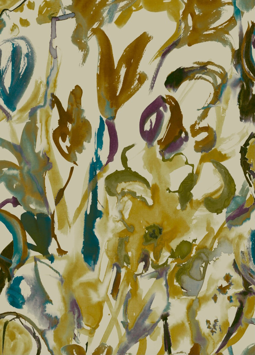 Watercolour floral Wallpaper - Ochre + Plum