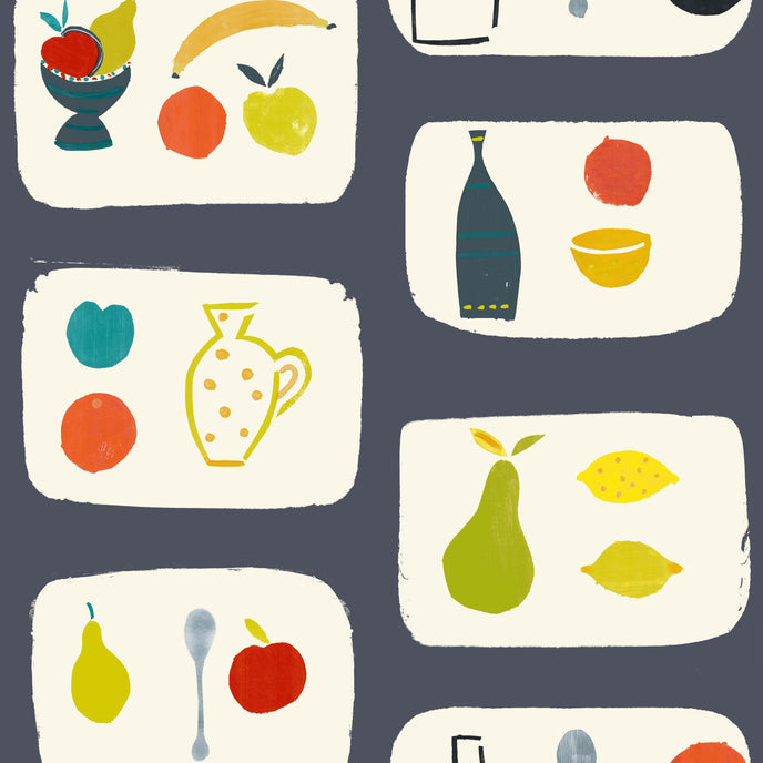 A wallpaper with a tile effect pattern featuring naive fruit illustrations such as cherries, apples, bananas, and pears in a mid-century inspired color palette on a black background.