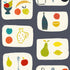 A wallpaper with a tile effect pattern featuring naive fruit illustrations such as cherries, apples, bananas, and pears in a mid-century inspired color palette on a black background.