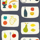 A wallpaper with a tile effect pattern featuring naive fruit illustrations such as cherries, apples, bananas, and pears in a mid-century inspired color palette on a black background.