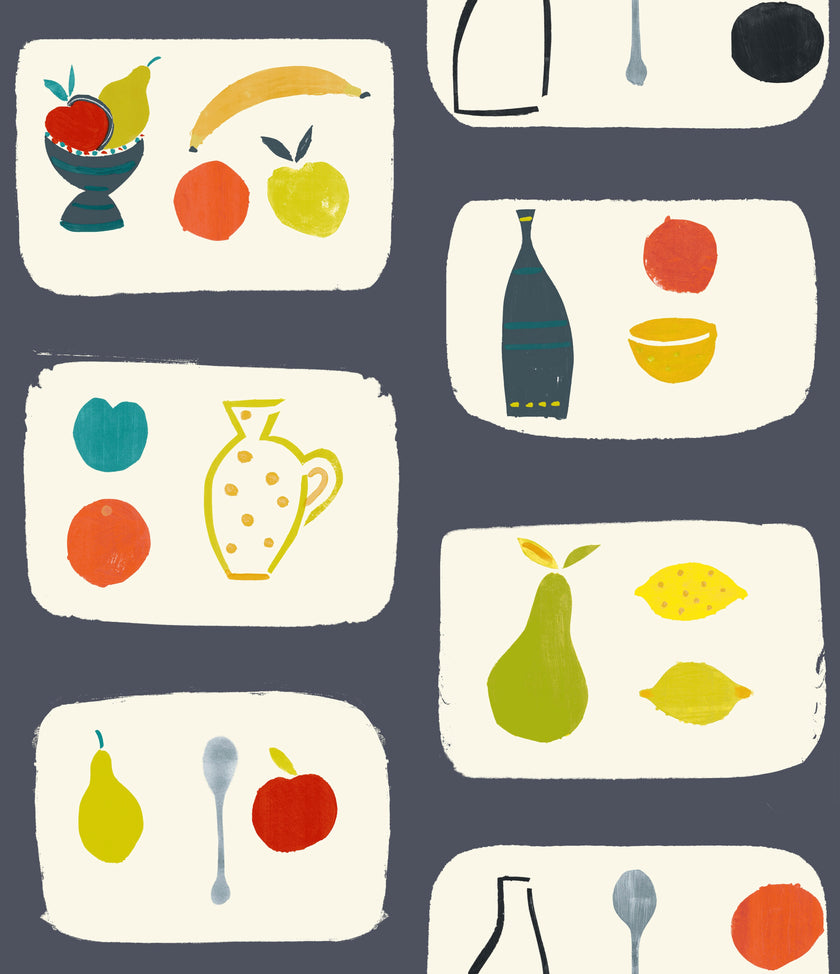 A wallpaper with a tile effect pattern featuring naive fruit illustrations such as cherries, apples, bananas, and pears in a mid-century inspired color palette on a black background.