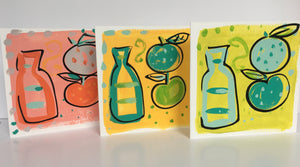 ‘ Bottle + Fruit’ Yellow  Hand Painted Greetings Card