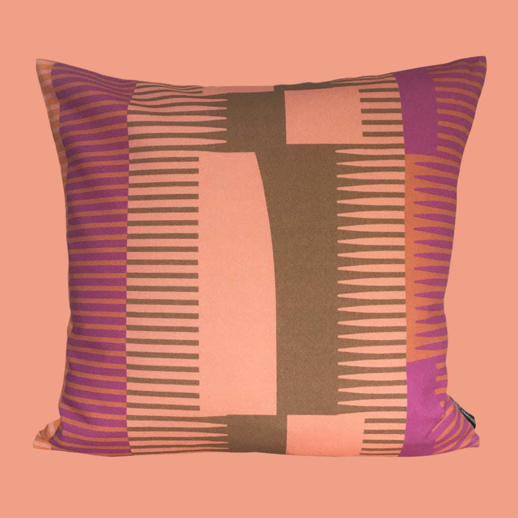 Square Combed Stripe Cushion - Salmon, Mocha + Magenta