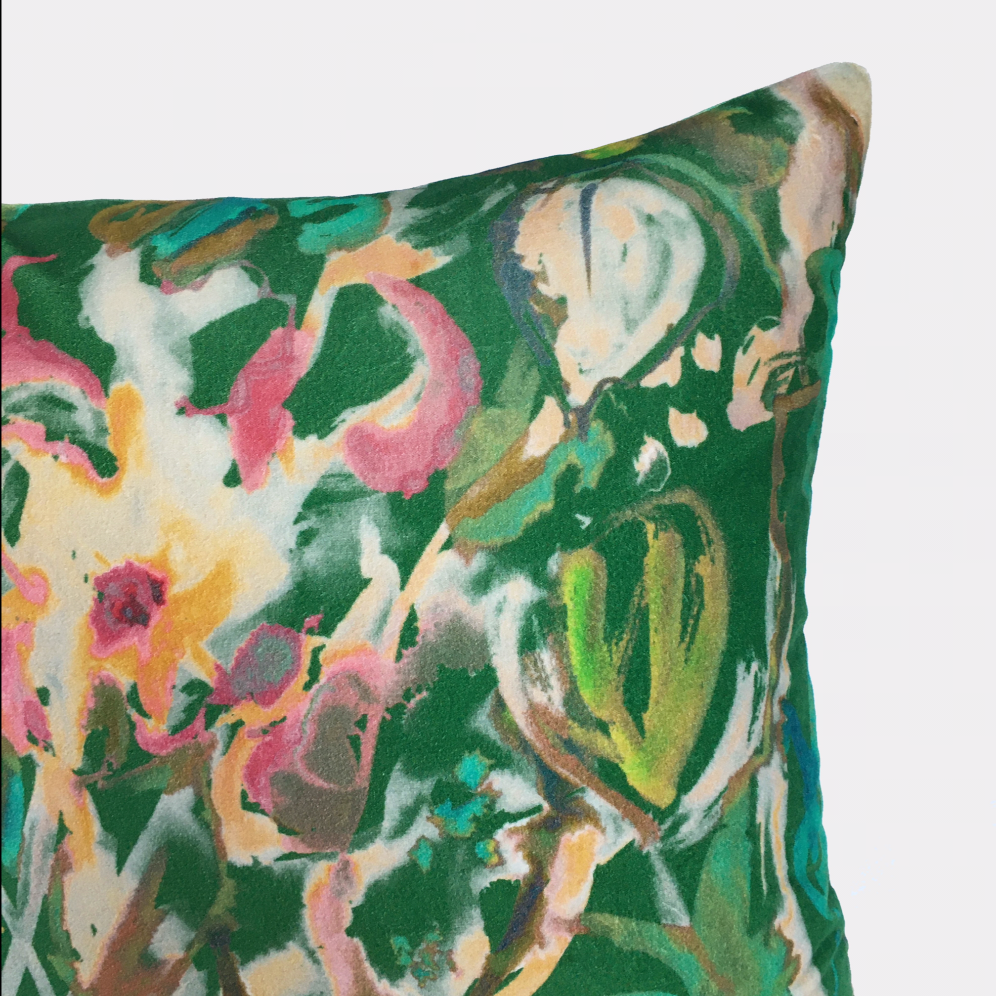 Watercolour Floral Velvet Cushion - Green