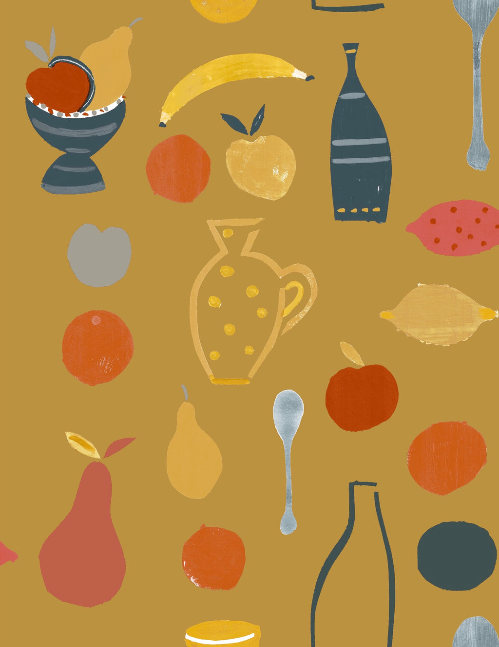 Naive Fruit Motif Wallpaper - Mustard