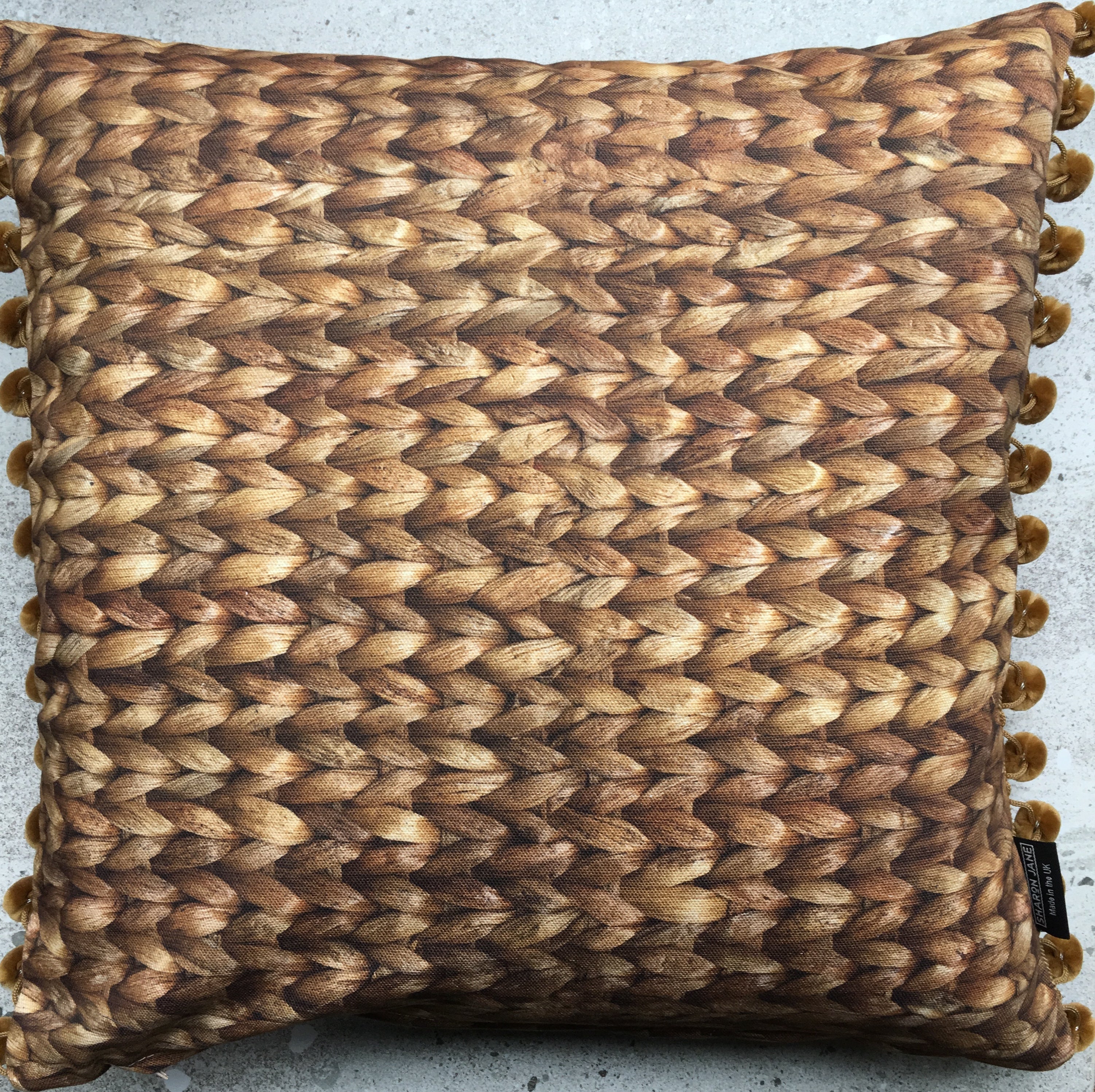 Water Hyacinth Print Cushion + Velvet Pom Poms