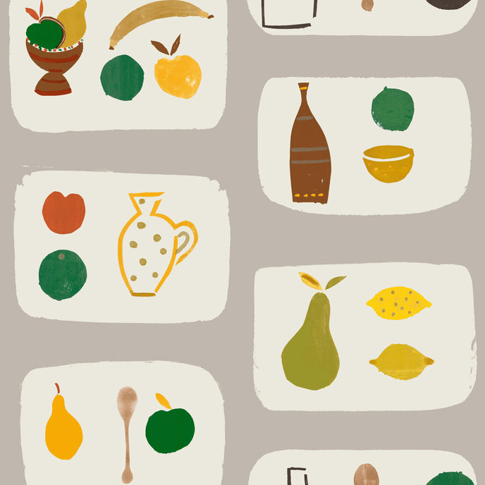 A wallpaper with a tile-like pattern featuring various fruits such as strawberries, bananas, apples, and pears, along with kitchenware like a vase and a pitcher, all in a naive, child-like style.