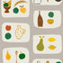 A wallpaper with a tile-like pattern featuring various fruits such as strawberries, bananas, apples, and pears, along with kitchenware like a vase and a pitcher, all in a naive, child-like style.