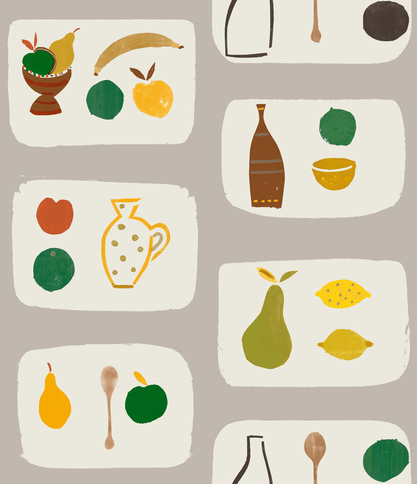A wallpaper with a tile-like pattern featuring various fruits such as strawberries, bananas, apples, and pears, along with kitchenware like a vase and a pitcher, all in a naive, child-like style.