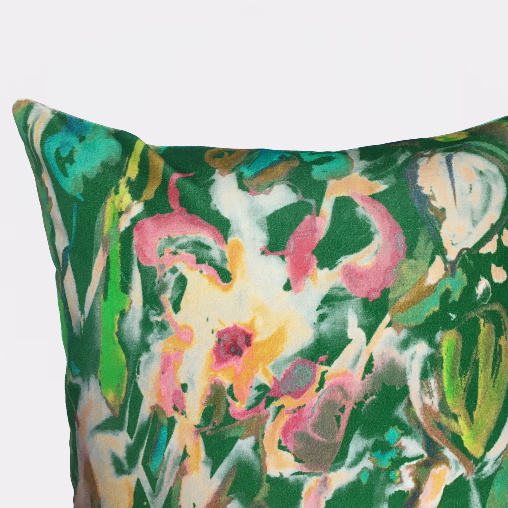 Abstract Floral Velvet Cushion - Green