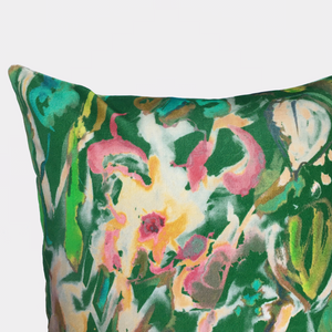 Watercolour Floral Velvet Cushion - Green