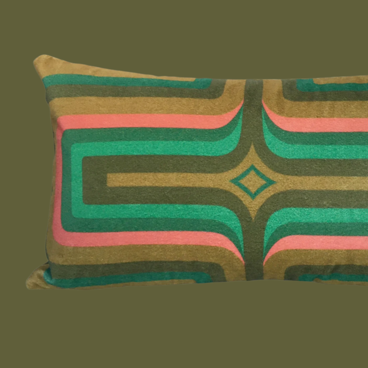 Retro Geometric Velvet Cushion - Olive  + Coral