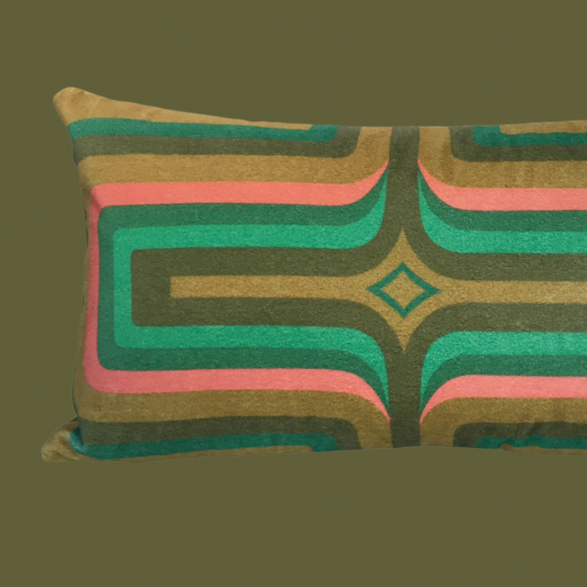 Retro Geometric Velvet Cushion - Olive
