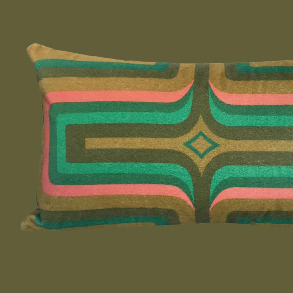 Retro Geometric Velvet Cushion - Olive
