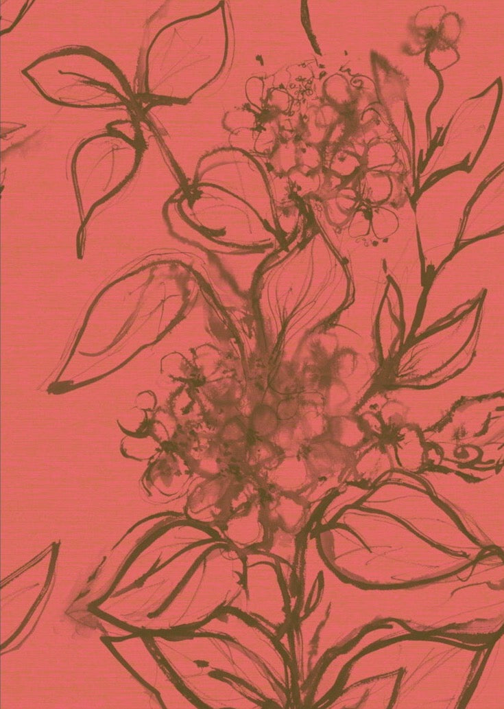 Aquatint floral Wallpaper - Orange + Olive