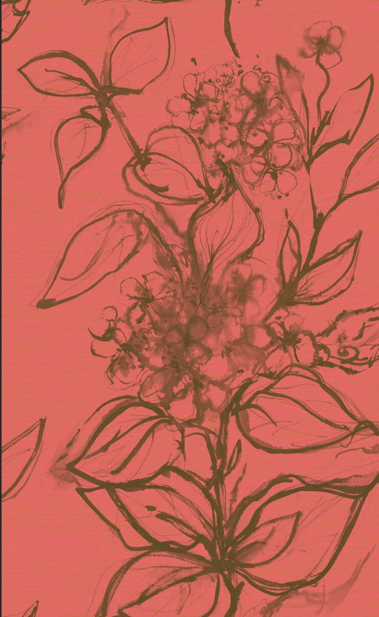 Aquatint floral Wallpaper - Orange + Olive
