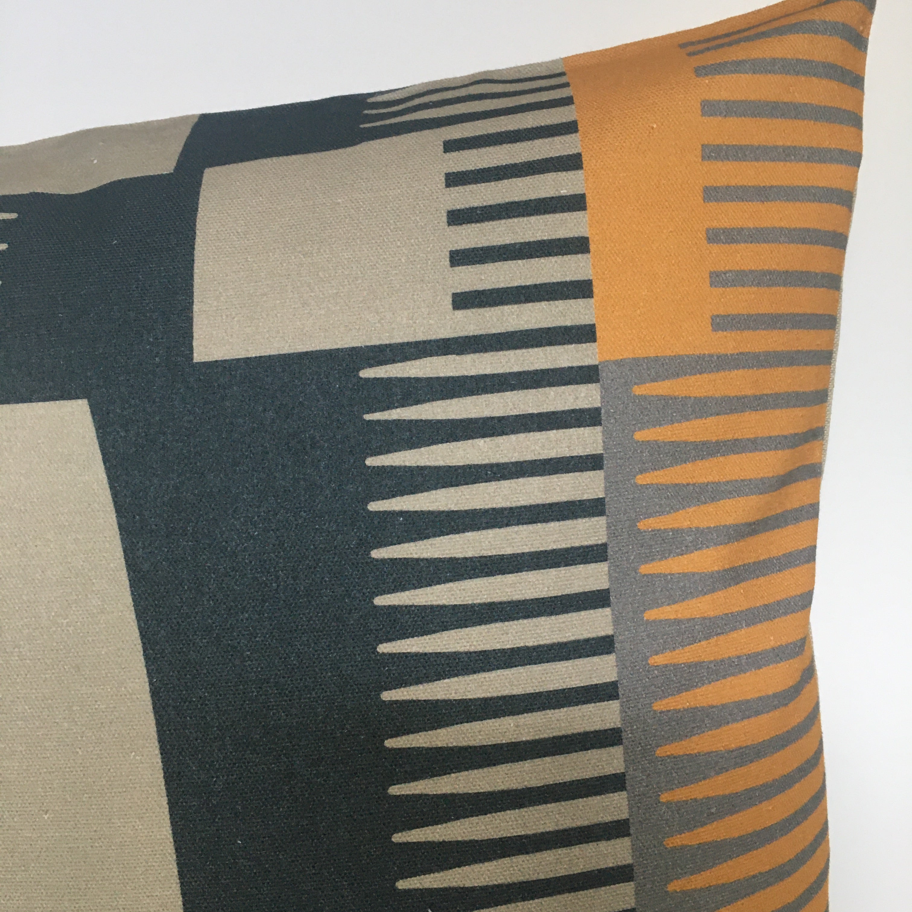 Square Combed Stripe Cushion - Charcoal, Taupe + Marigold