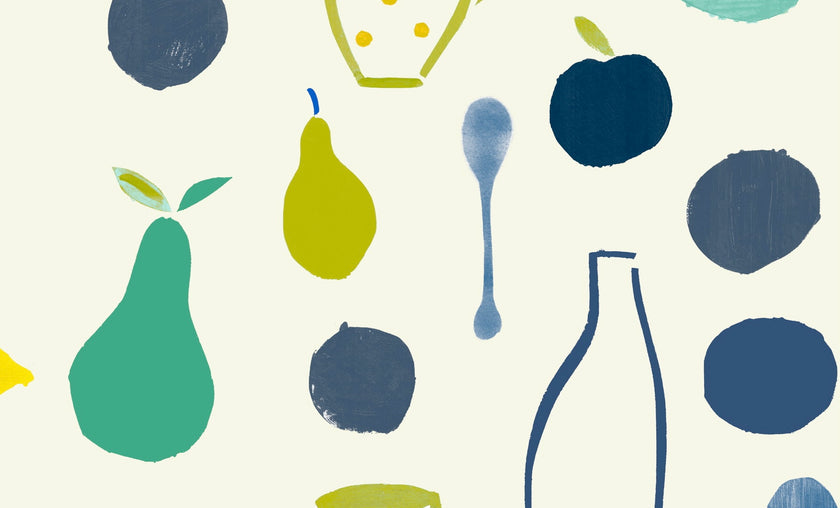 Naive Fruit Motif Wallpaper - Blue Bottle