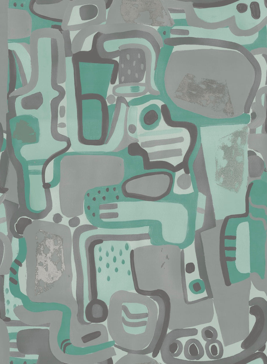Cubist Jigsaw Wallpaper - Jade + Grey