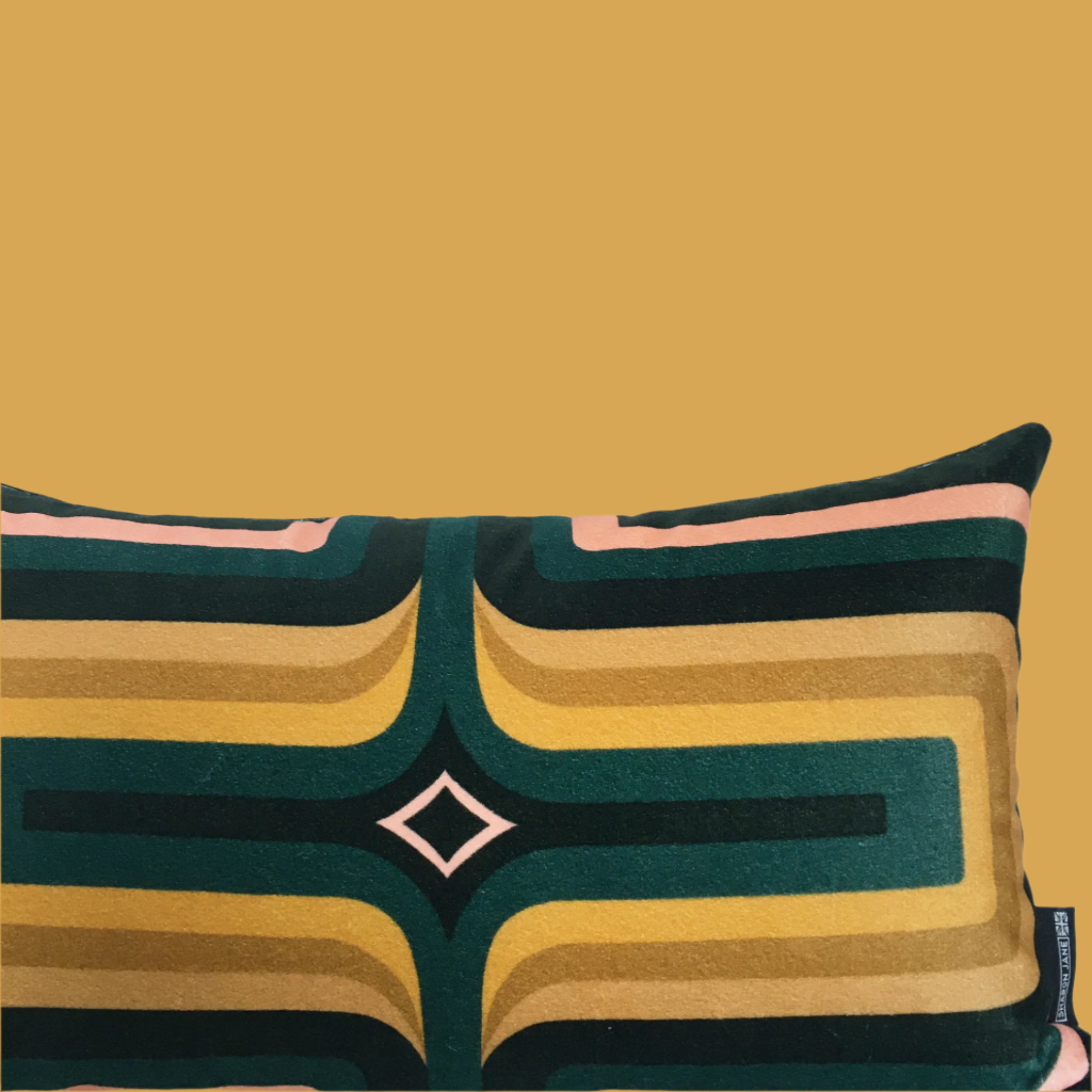 Retro Geometric Velvet Cushion - Bottle + Ochre