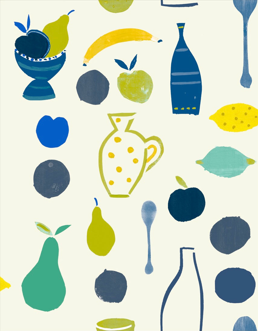Naive Fruit Motif Wallpaper - Blue Bottle