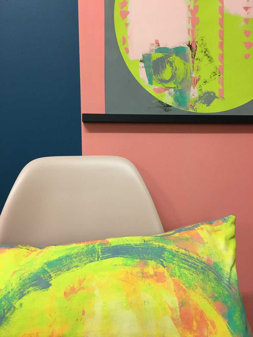 Abstract painted yellow square cushion