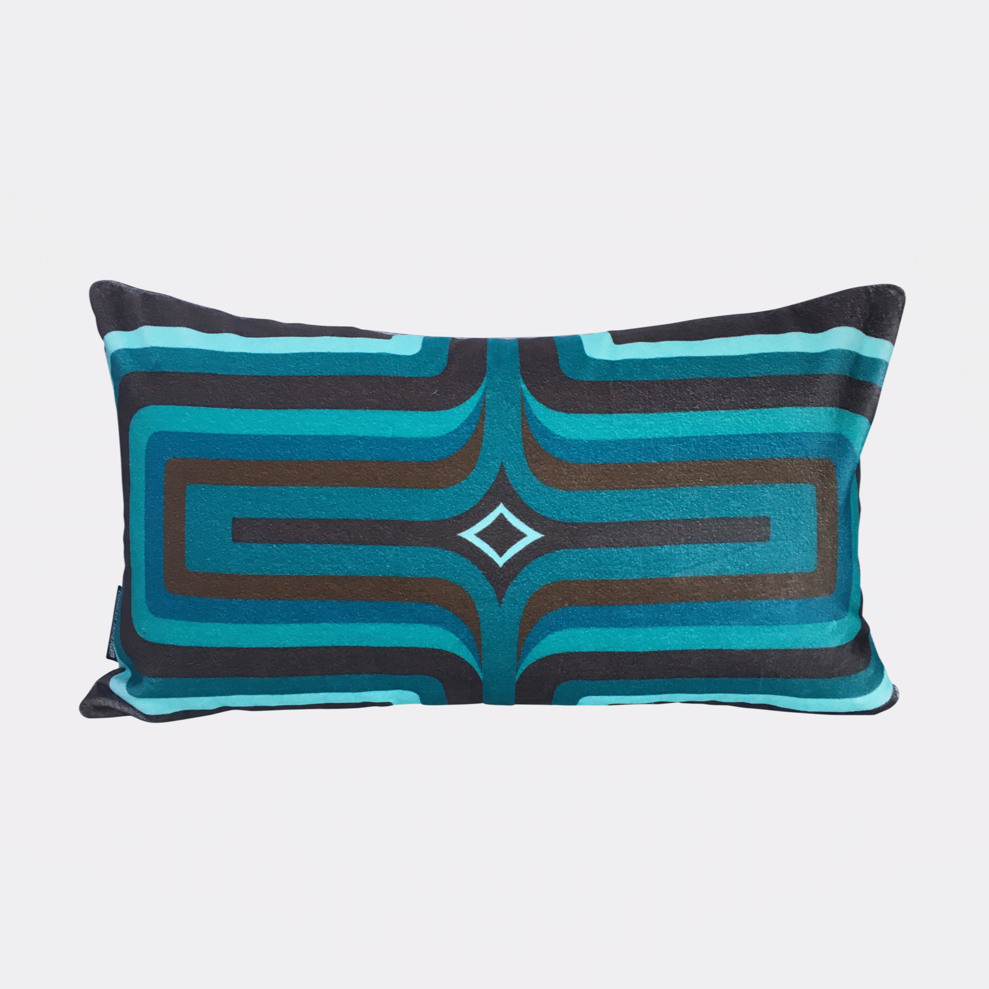 Retro Geometric Velvet Cushion - Teal + Brown