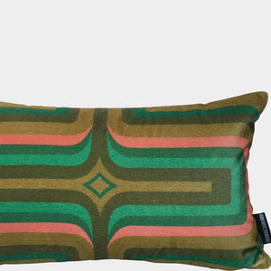 Retro Geometric Velvet Cushion - Olive  + Coral