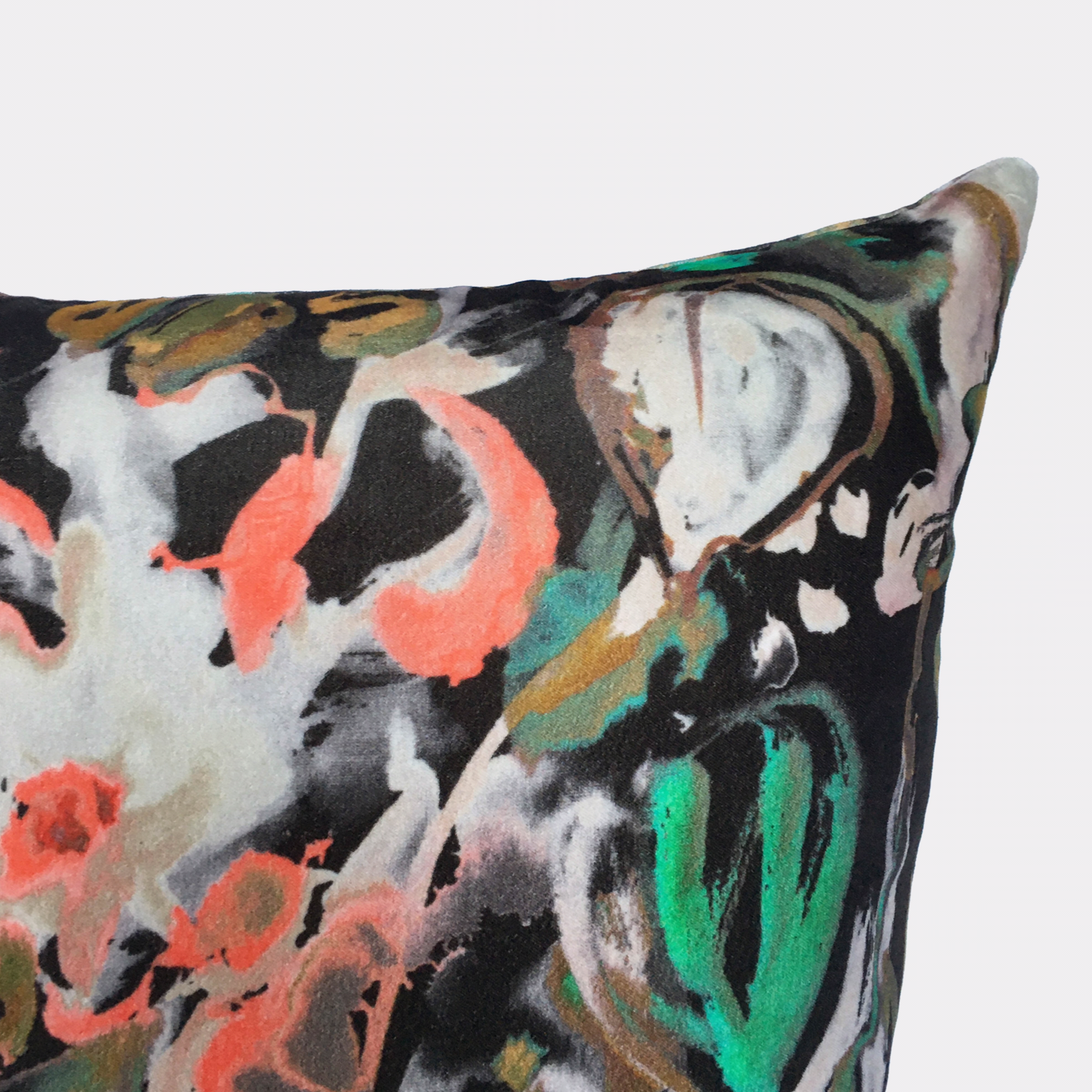 Abstract Floral Velvet Cushion - Off black