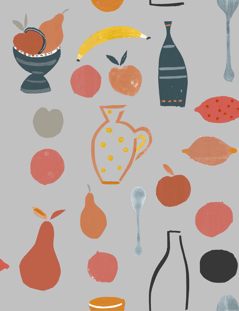 Naive Fruit Motif Wallpaper - Pale blue