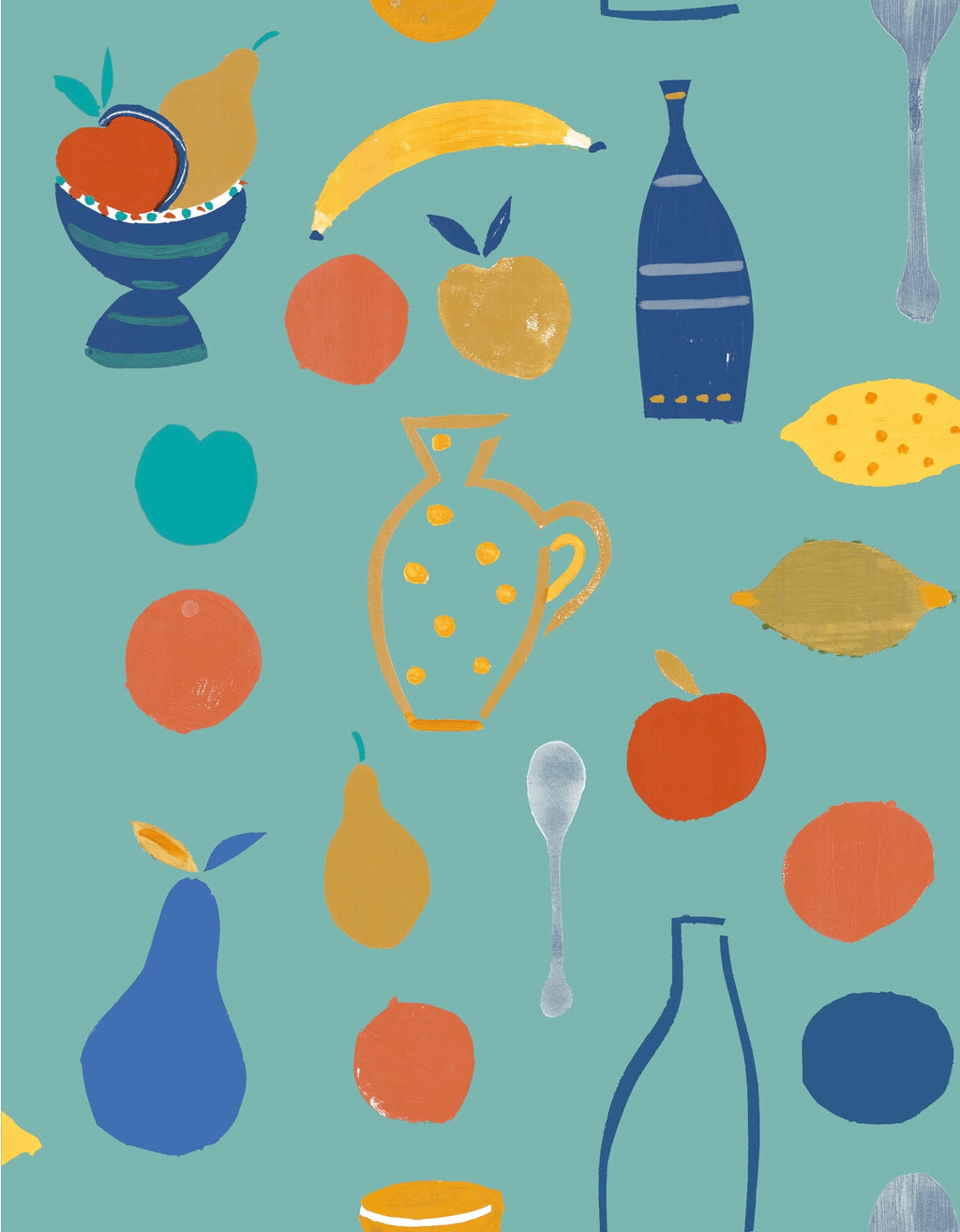 Naive Fruit Motif Wallpaper - Turquoise