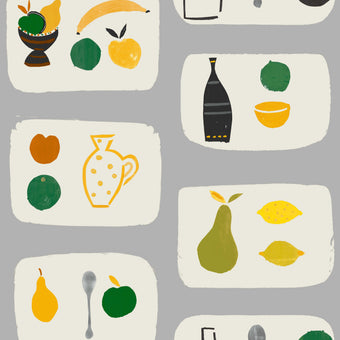 A wallpaper with a tile pattern featuring various fruits like dragon fruit, bananas, and pears, along with kitchenware such as a kettle and bowls.