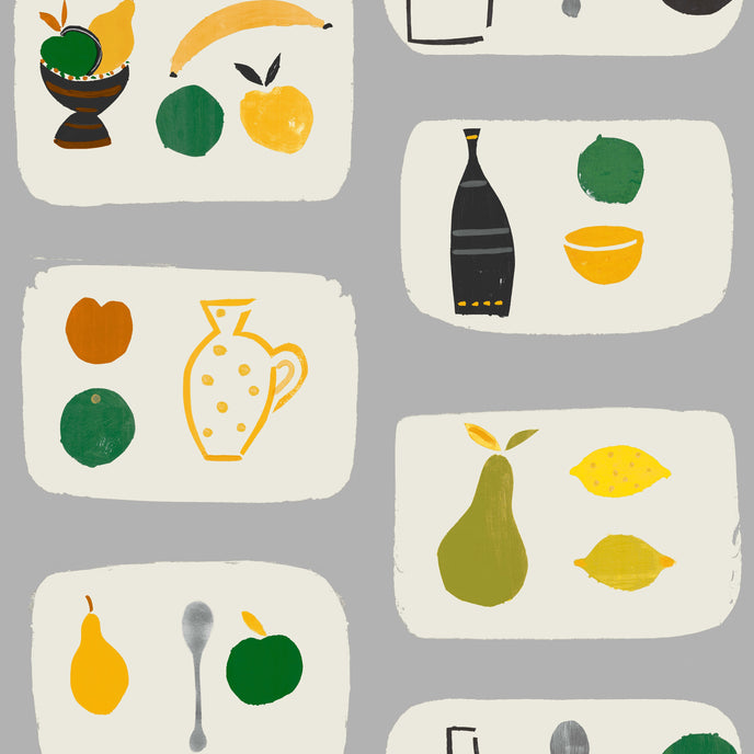 A wallpaper with a tile pattern featuring various fruits like dragon fruit, bananas, and pears, along with kitchenware such as a kettle and bowls.
