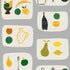 A wallpaper with a tile pattern featuring various fruits like dragon fruit, bananas, and pears, along with kitchenware such as a kettle and bowls.