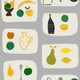A wallpaper with a tile pattern featuring various fruits like dragon fruit, bananas, and pears, along with kitchenware such as a kettle and bowls.