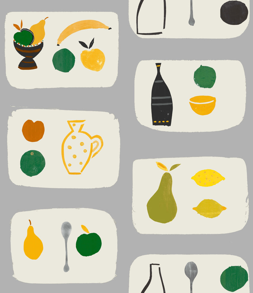 A wallpaper with a tile pattern featuring various fruits like dragon fruit, bananas, and pears, along with kitchenware such as a kettle and bowls.