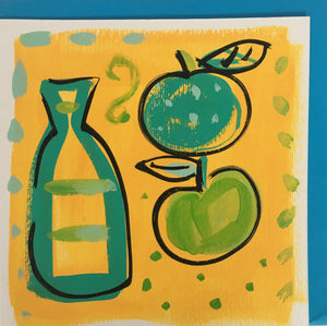 ‘ Bottle + Fruit’ Yellow  Hand Painted Greetings Card