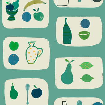 A wallpaper with a tile-like pattern featuring naive fruit designs such as pears, an apple, and a banana in various colors on a teal background.