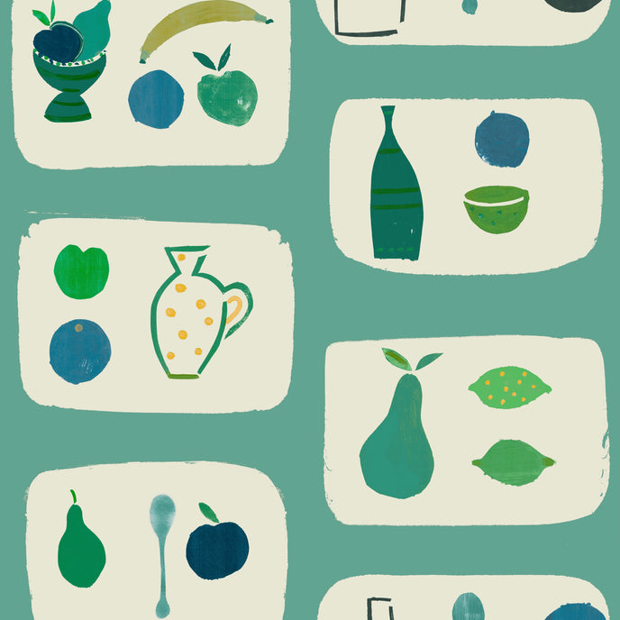 A wallpaper with a tile-like pattern featuring naive fruit designs such as pears, an apple, and a banana in various colors on a teal background.