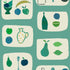 A wallpaper with a tile-like pattern featuring naive fruit designs such as pears, an apple, and a banana in various colors on a teal background.